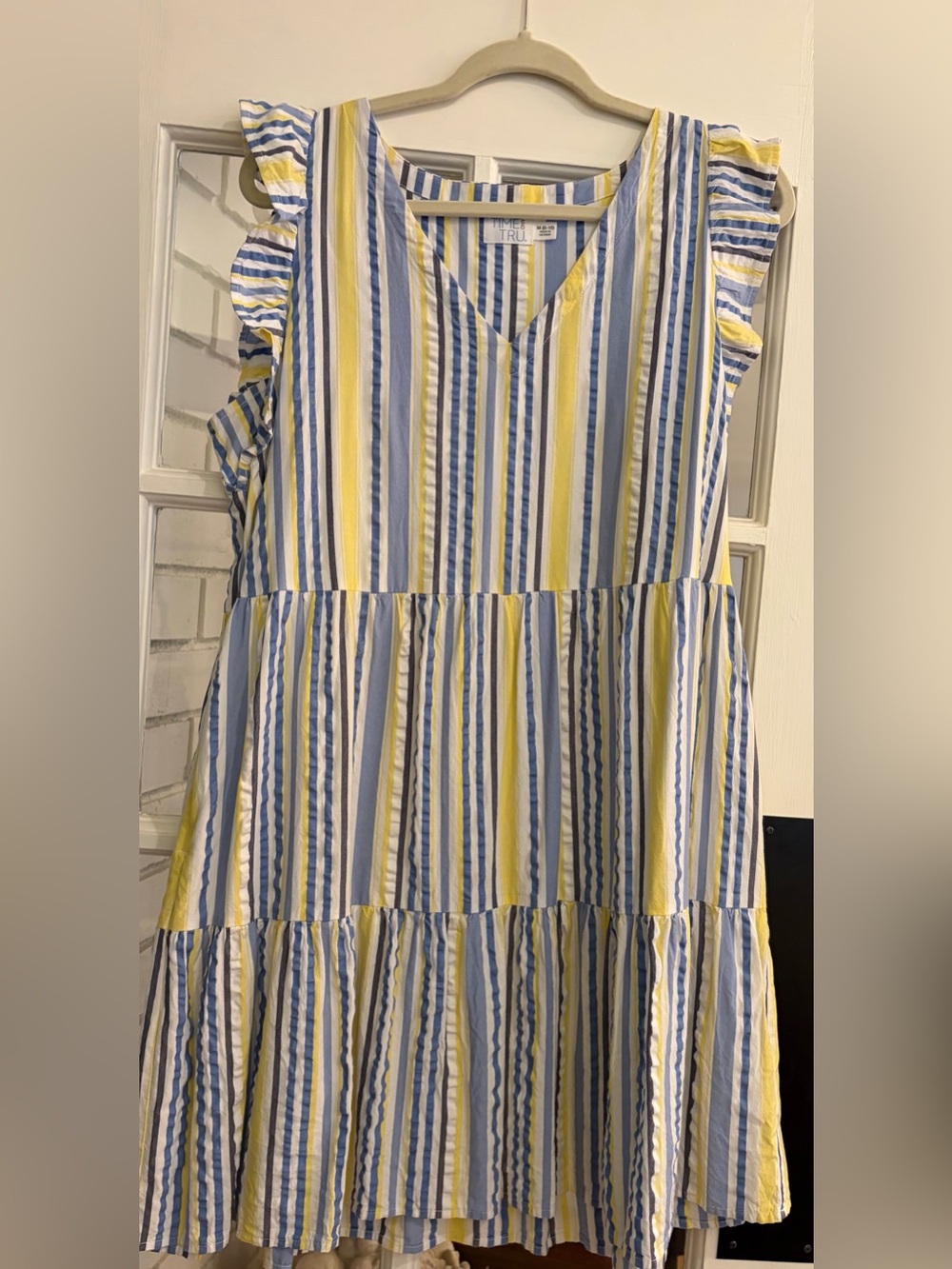 Time and Tru Blue,Yellow& White StripedV-Neck Ruffle SleeveMiniDressSzL